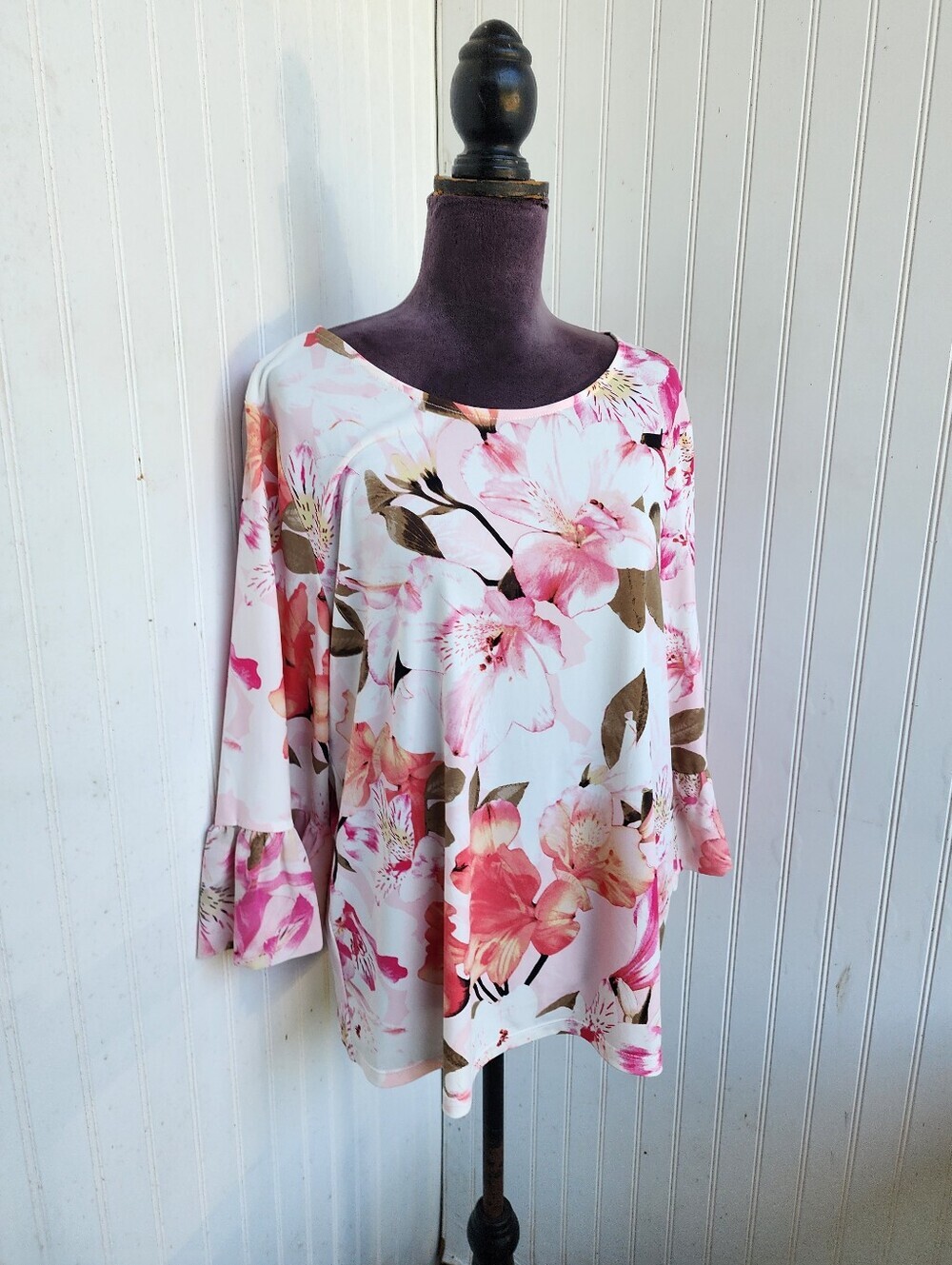 Calvin Klein White Pink Floral Rose Bell Flare Sleeve Women's Blouse Stretch XL - Picture 3 of 12